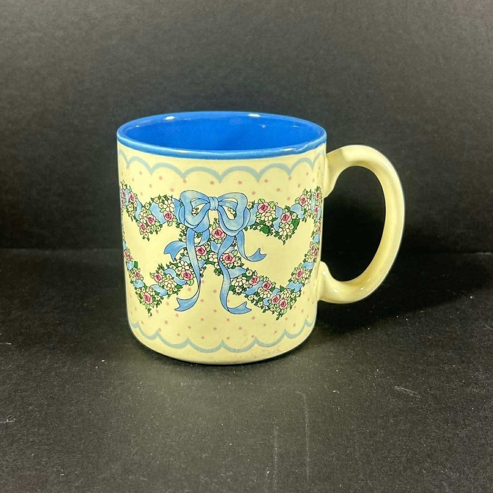 Peaches Coffee Mug Cream Blue Floral Heart‎ Bow Vintage 1989 Korea Cottagecore